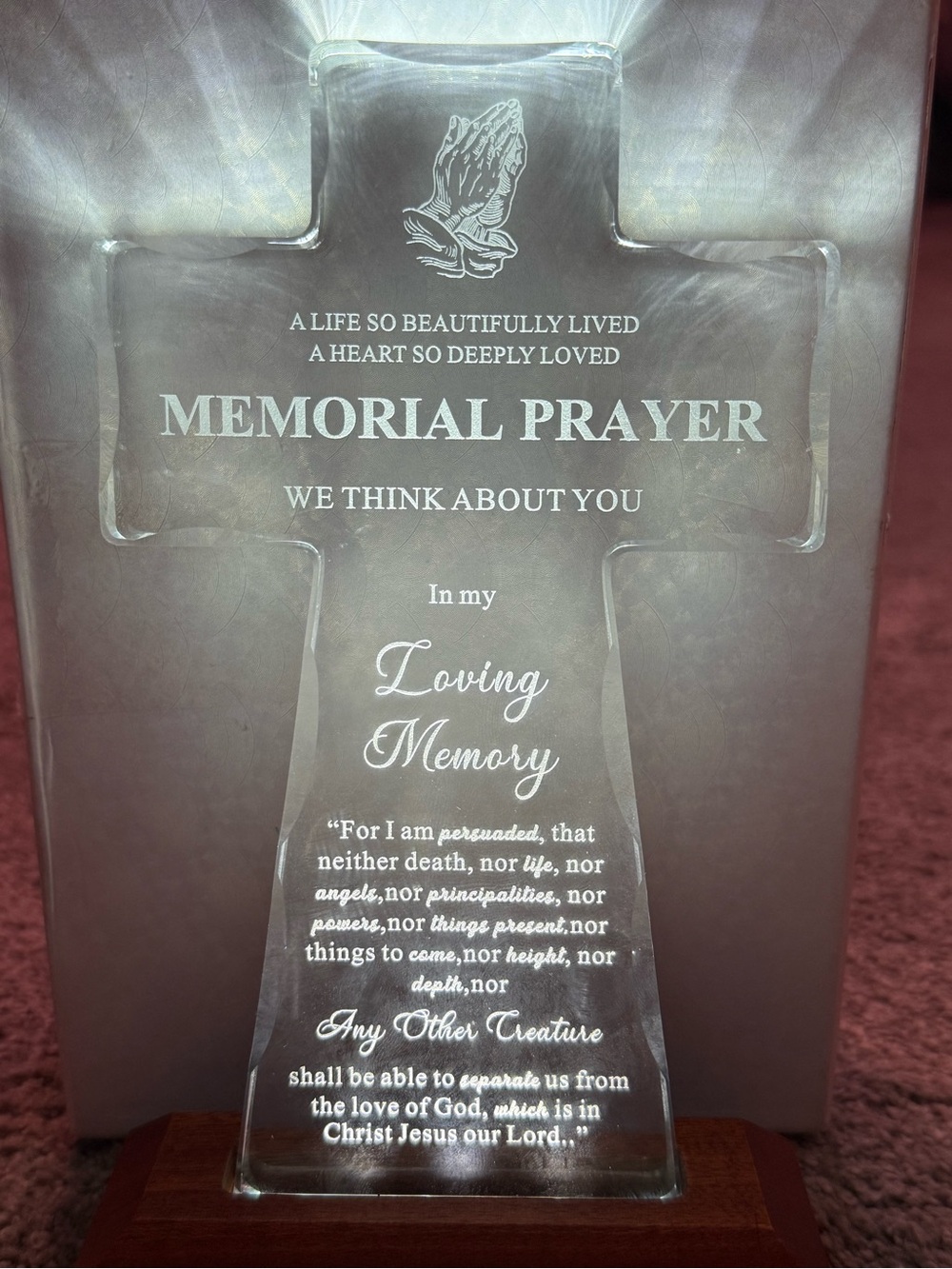 Memorial Prayer Glass Cross with Praying Hands - Clear